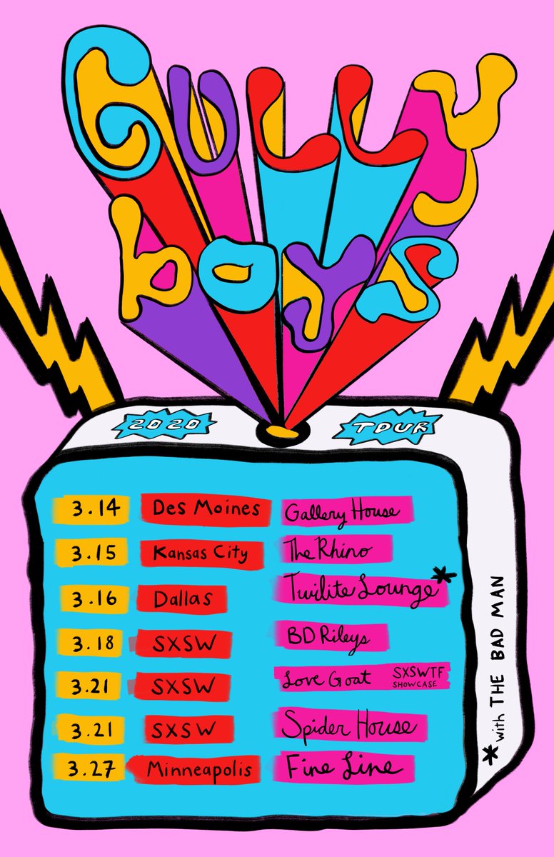 Y'all here is the poster I made for <a href="/gullyboysband/">💚 GULLY BOYS 💚</a> spring SXSW tour!! Look at all these rad dates that were canceled 😭 If you're looking for bands to support today, they're a great one!! Head to their bandcamp and buy their albums!!  gullyboys.bandcamp.com