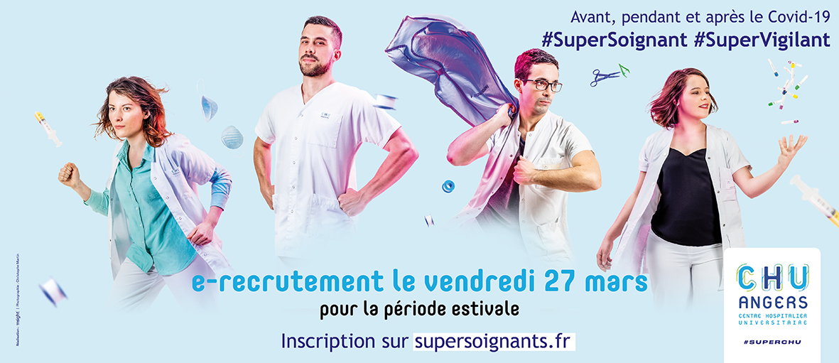 [ Le 27 mars, le #CHUAngers 🏥 recrute pour l'été ]
➕ 200 postes #infirmier, #aidesoignant et #sagefemme à pourvoir : décrochez un contrat !

⚠ #COVID19 #SuperSoignants⚡#SuperVigilants : les entretiens se feront uniquement par téléphone.
💻Inscription : supersoignants.fr