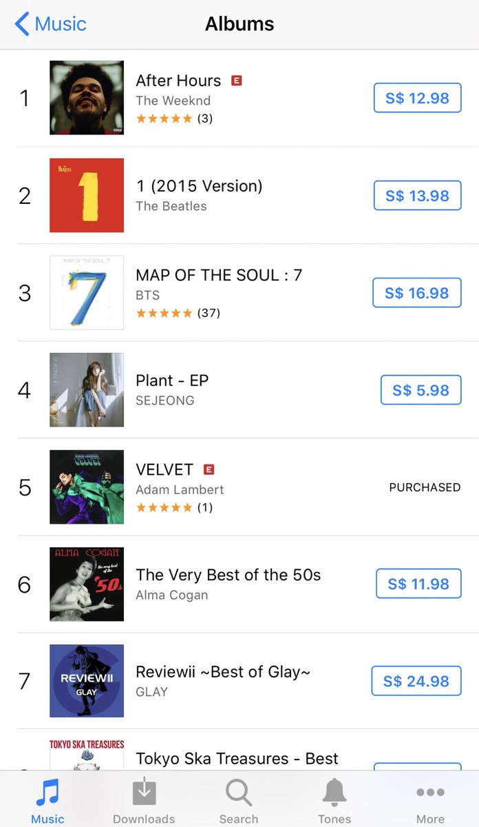 AdamLambertSG's tweet photo. #Velvet is at #5 on iTunes overall chart and at #3 on iTunes Pop chart in Singapore. https://t.co/7FScJGCpJ7