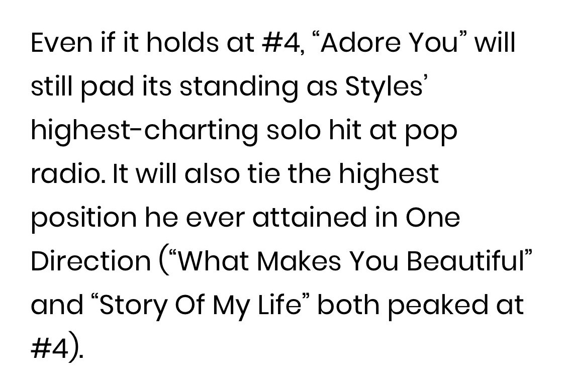 -Harry has TWO songs in the top 20 of the UK official chart this week- "Adore You" and "Falling".-Harry had FOUR top 20 songs from "Fine Line" in the UK.-"Adore You" reaches a new peak (#4) on pop radio.