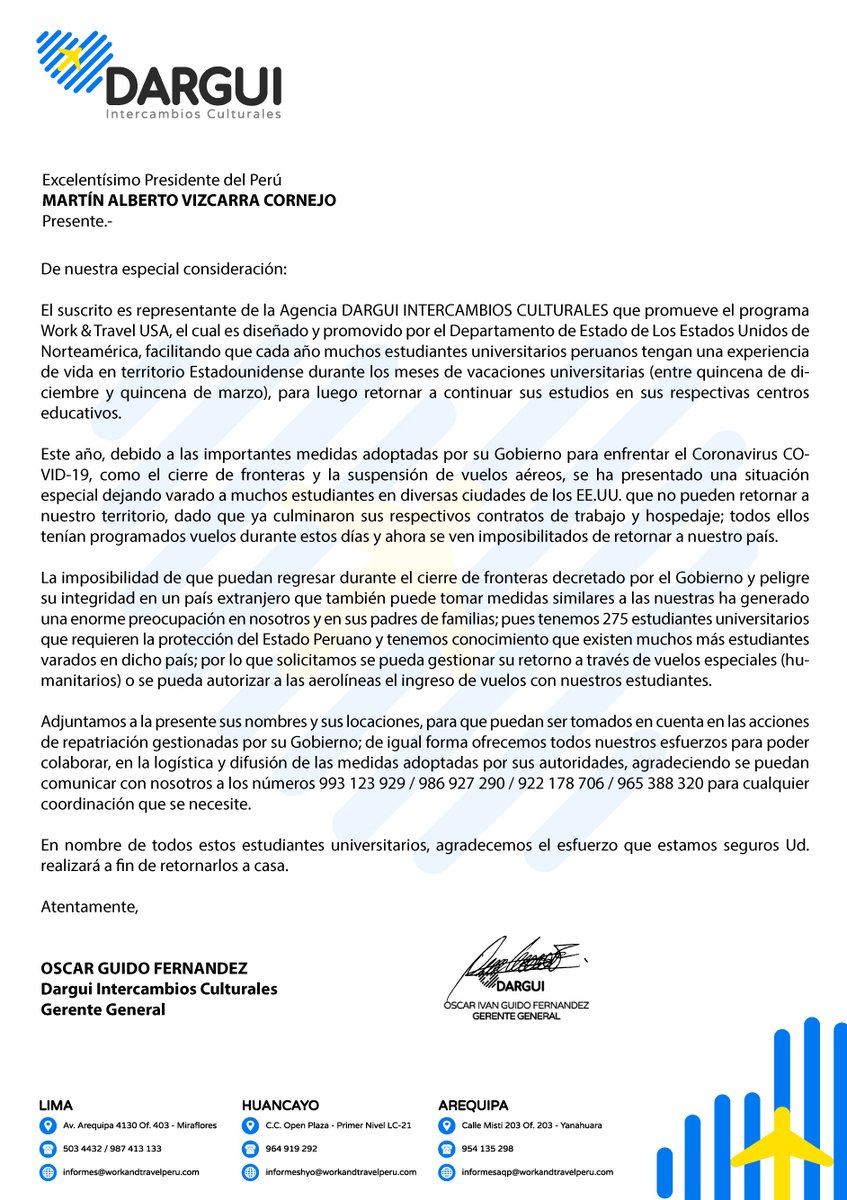 Dargui_Int's tweet photo. Sr. Presidente @MartinVizcarraC  expresamos nuestra preocupación por nuestros estudiantes universitarios varados en territorio estadounidense, con alojamientos y recursos limitados para poder enfrentar la crisis producida por el COVID-19. @presidenciaperu https://t.co/spLjlefG51