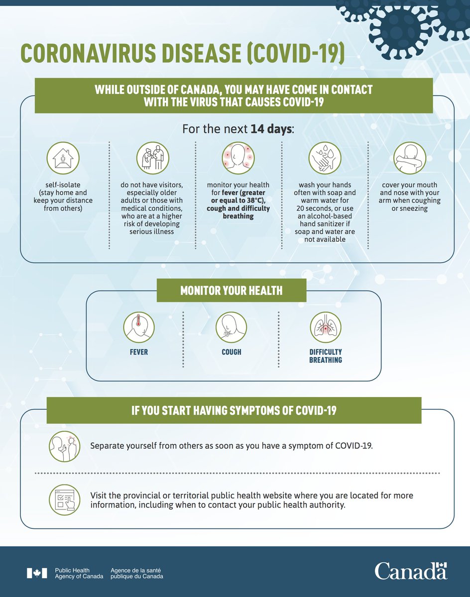 While outside of Canada, you may have come in contact with the virus that causes COVID-19

 14 days:

Self-isolate : No visitors

monitor your health for fever, cough &amp; difficulty breathing

wash hands often
cover your mouth and nose with your arm when coughing or sneezing.