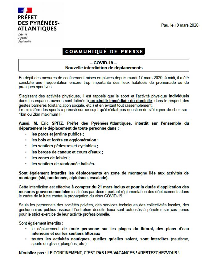 Prefet64's tweet image. #COVID19
En dépit des mesures de confinement, fréquentation encore trop importante des lieux habituels de promenade ou de pratiques sportives. 
Dès samedi, interdiction sur l'ensemble du #64 de déplacement ds les espaces plein air précisés ⬇️ + zones de montagne
#RESTEZCHEZVOUS !