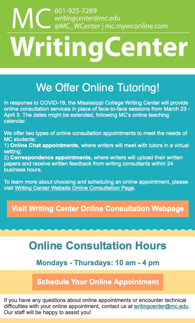 The MC Writing Center is open, @MissCollege! We’re spread out more than we expected, but the tutors are as friendly and helpful as ever. Come visit us online, starting Monday!