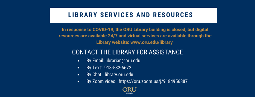 ORULibrary's tweet photo. Although the library building is closed, ORU Librarians are here to serve your research needs. See the information below or on our website https://t.co/SCAPtcio55 https://t.co/pSm69zm5IM
