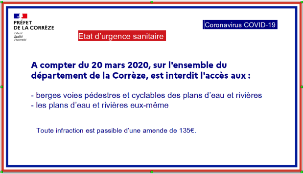 Prefet19's tweet photo. [Coronavirus : gestion de la situation en perspective du week-end]
À l'approche du week-end, du temps clément annoncé et afin de proscrire tout rassemblement, le préfet de la Corrèze a pris un arrêté interdisant l’accès aux berges des plans d’eau et rivières au public. https://t.co/1kIfmY94YF