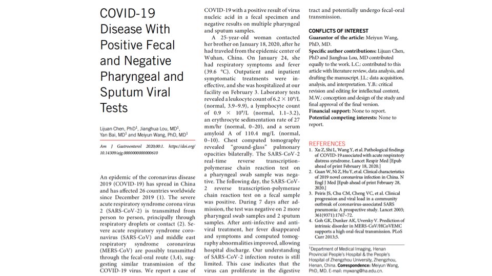 New #COVID19 Information - Please share (1/6): On behalf of @AmCollegeGastro, our editorial team at #AmJGastro today published this case report from China of a 25yo patient w/ respiratory symptoms & fever who tested negative in nose/throat swab, but positive in stool [see next]