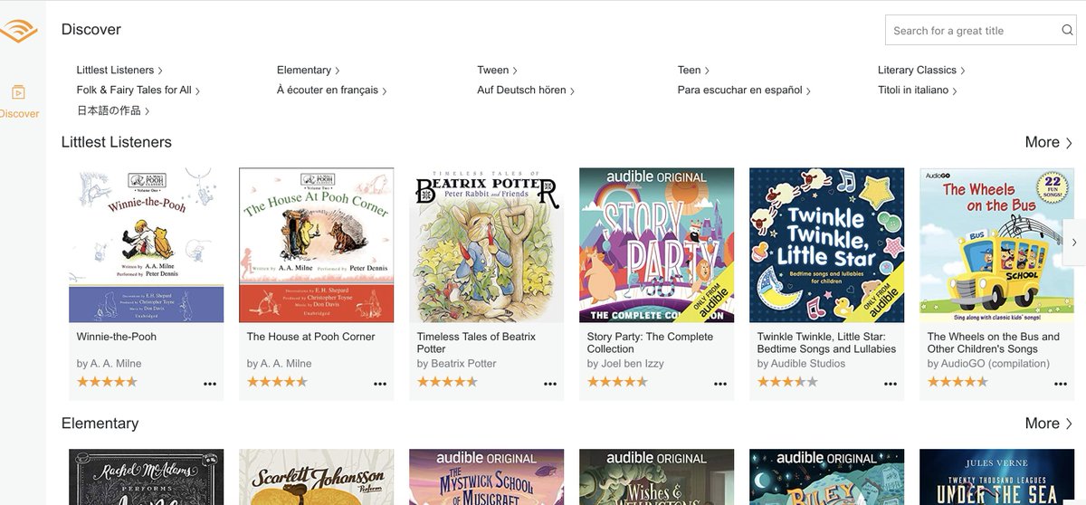 Audible is offering kids everywhere an incredible collection of stories, including titles across six different languages Stories It will stream on all devices. stories.audible.com/discovery