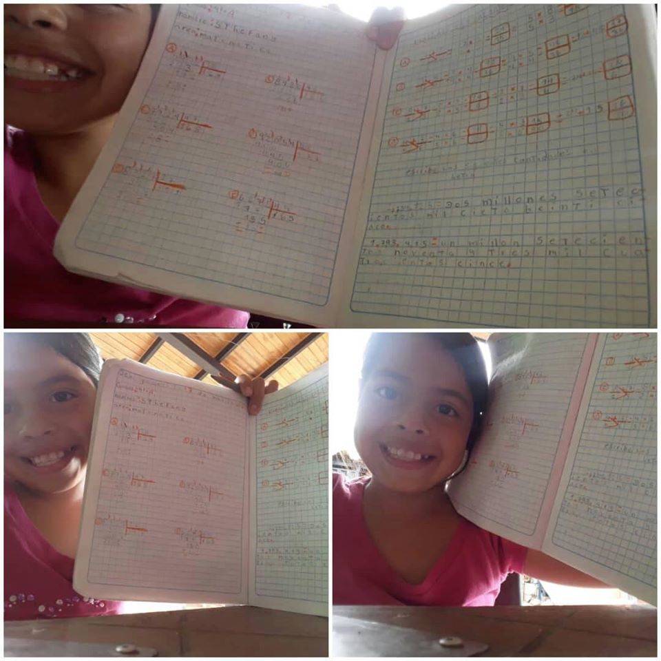 Estudiantes del 3° grado "B" realizando actividades enviadas por las docentes desde sus hogares, en cuanto analisis te textos, refranes y calculo matematico.