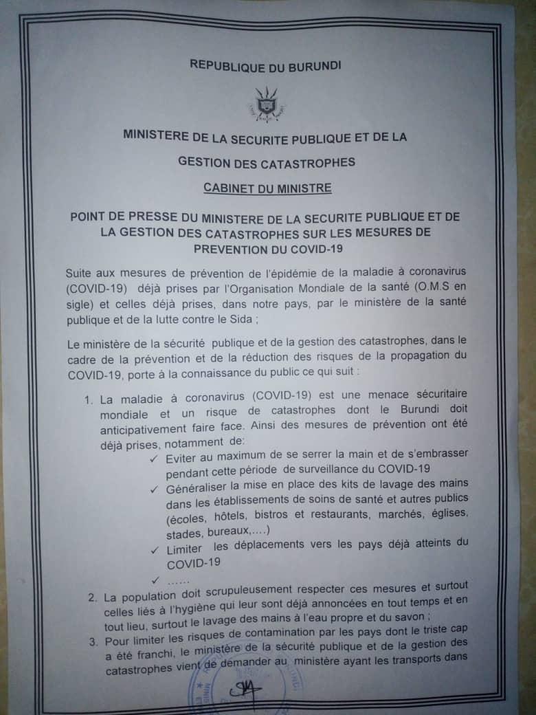  Le  @BurundiSecurity demande la suspension des vols passagers via l’Aéroport International Melchior Ndadaye pour 7 jours afin de compléter "la préparation par les services de santé publique" au  #coronavirus Le  #transport cargo reste autorisé #Burundi  #CoronaVirusUpdate