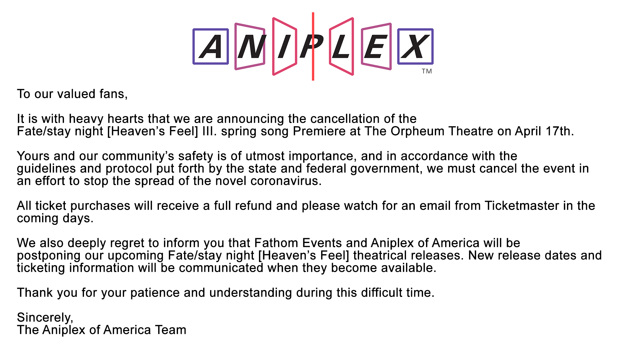 Fate Stay Night Usa An Update Regarding Fate Stay Night Heaven S Feel Iii Spring Song And Upcoming Theatrical Release With Fathomevents T Co Ndxrvhvfc6