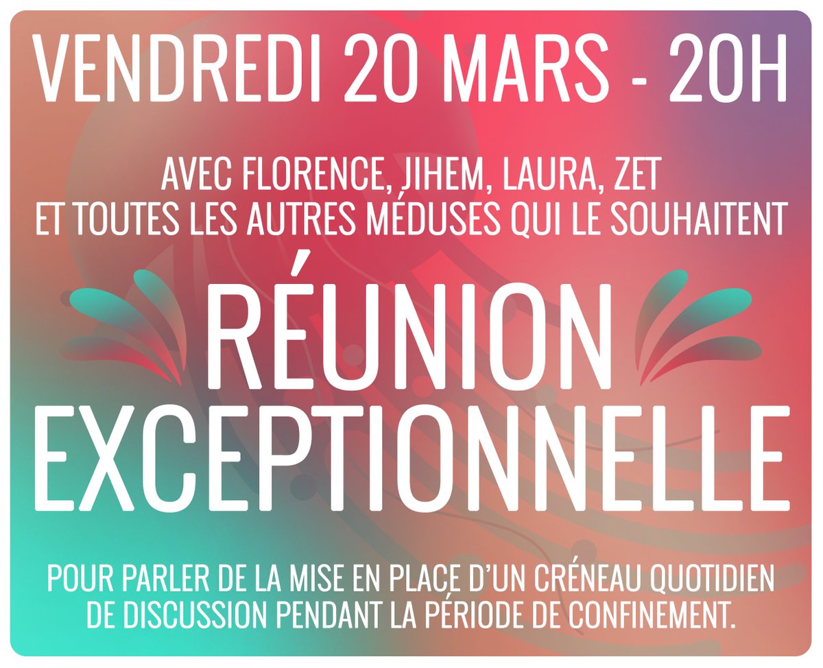 🔥RÉUNION EXCEPTIONNELLE🔥
Pour contrer l'isolement pendant cette période de #confinement, nous avons pensé à mettre en place une permanence quotidienne sur notre serveur Discord. 

+ d'infos : facebook.com/ProjetMeduses/…

#ProjetMéduses #solidarité #covid_19 #coronavirus