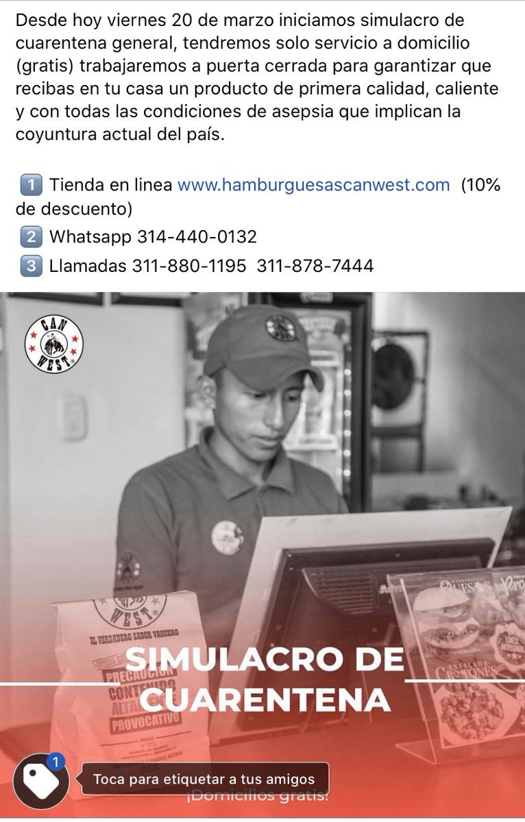 canwestcol's tweet photo. Desde hoy viernes 20 de marzo iniciamos simulacro de cuarentena general, tendremos solo servicio a domicilio (gratis) trabajaremos a puerta cerrada para garantizar que recibas en tu casa un producto de primera calidad, caliente y con todas las condiciones de asepsia que implican https://t.co/VUtOR8E8rR