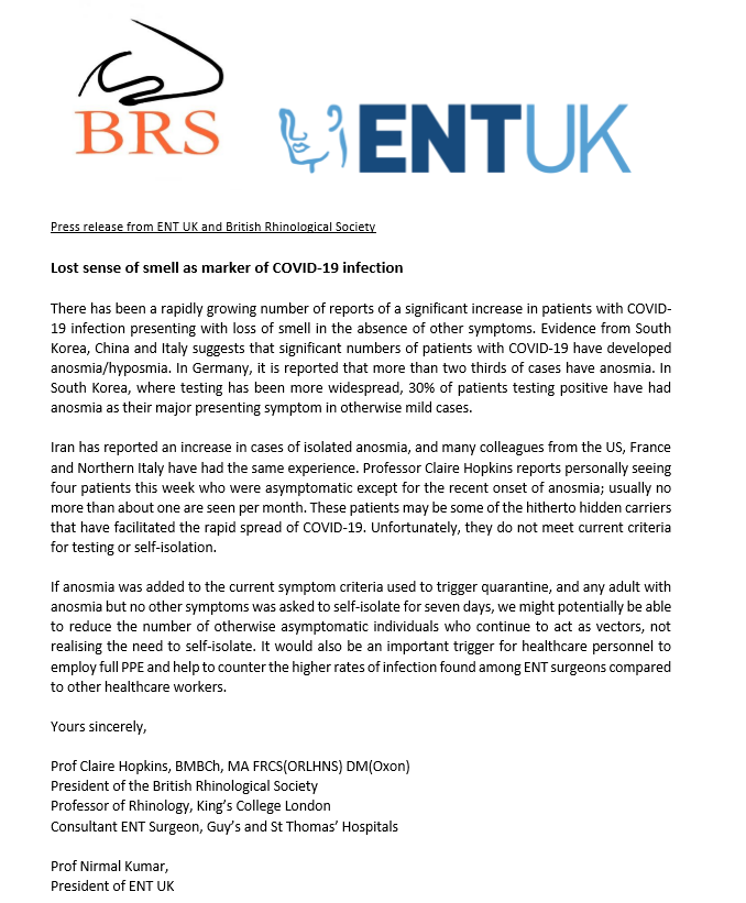 ENT UK (@ent_uk) on Twitter photo There is the potential to reduce COVID-19 transmission by requesting that individuals with new onset of anosmia self-isolate. A lost sense of smell as marker of COVID-19 infection... for full details see below There is the potential to reduce COVID-19 transmission by requesting that individuals with new onset of anosmia self-isolate. A lost sense of smell as marker of COVID-19 infection... for full details see below
