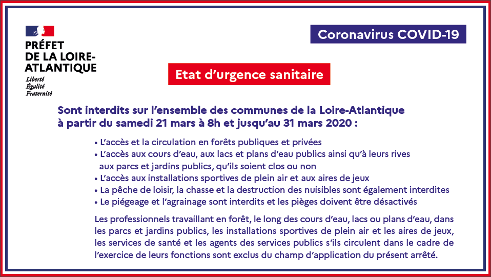 #Covid19
ℹ️ Malgré toutes les mesures de confinement déjà en vigueur, de nombreux lieux sont encore trop fréquentés. Face à ce constat, de nouvelles restrictions entrent en vigueur dès demain matin !
Pour + d'infos : loire-atlantique.gouv.fr/Actualites/COV…