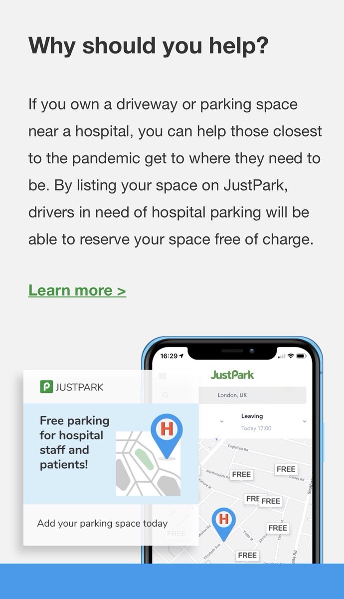 Just read an excellent campaign by <a href="/JustPark/">JustPark</a>, if you live near a hospital and own a driveway, list it on the app to help #NHS staff and patients park for free #CoronaCrisis