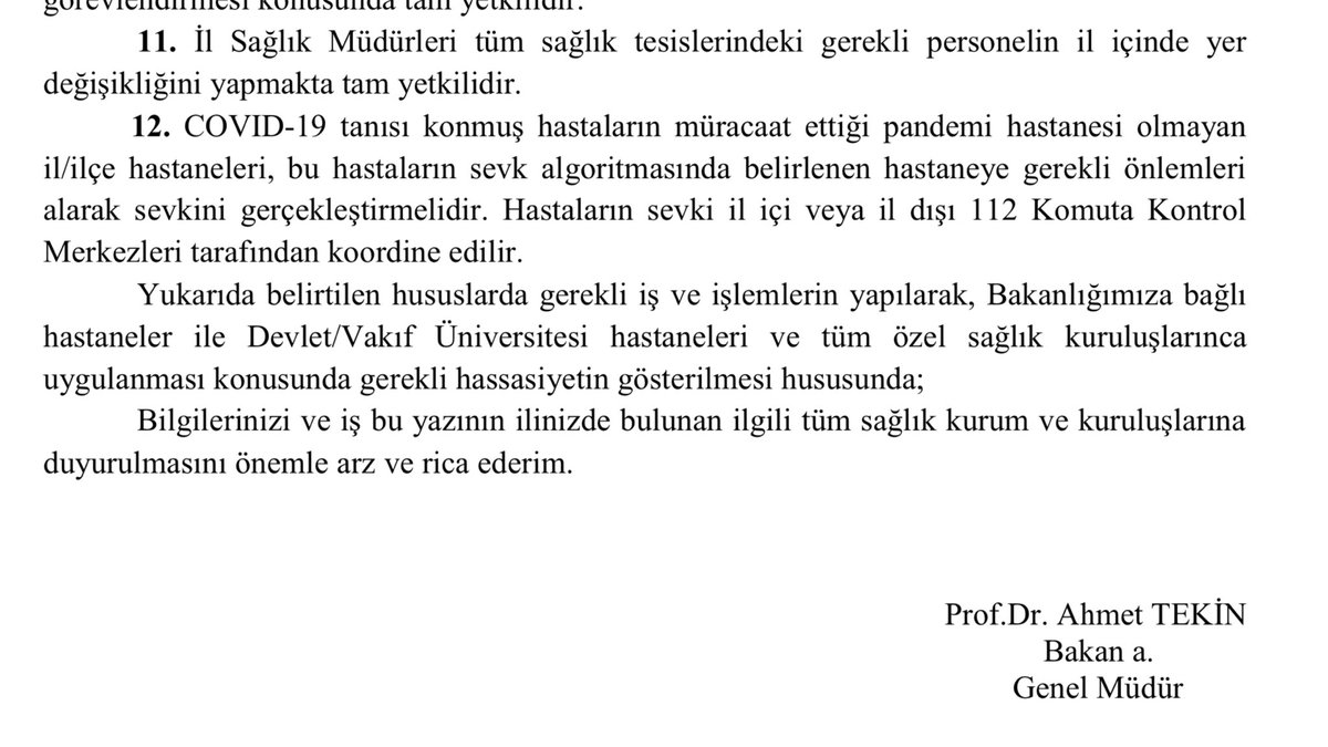 Evet oldu
Sağlık Bakanlığı beklenen genelgeyi yayınladı

Bugünden itibaren tüm
Özel ve Vakıf hastaneleri PANDEMİ yani salgın hastanesi ilan edildi

Bu andan itibaren 
özel - resmi hastane ayırımı yok

Bu Türk Sağlık sisteminde bir ilk olarak tarihe geçti #koronavirusu #kovid19tr