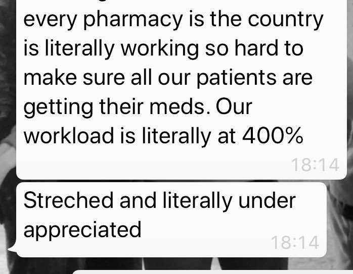 Please can we have some coverage and thoughts for our community pharmacists who are working FLAT OUT to deal with all our needs.  

This is the view from my pharmacy colleague 

#CoronaCrisis #COVID19 #StaySafe #ThankYouNHS