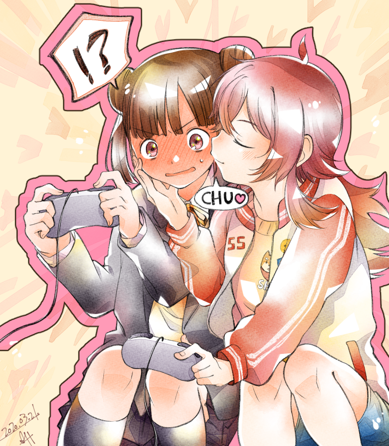 komiya kaho ,sonoda chiyoko multiple girls 2girls hair bun yuri double bun blush kissing cheek  illustration images