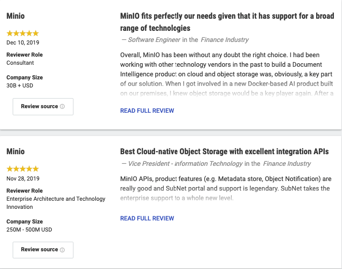 Minio's tweet photo. Awesome stat of the day: 99% of @Gartner #PeerInsight's reviewers would recommend MinIO. Higher than any other #objectstore. https://t.co/DN5e6cFgXu #bigdata https://t.co/2GBtumUtgW