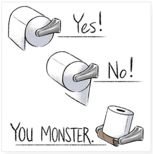 sphereskr's tweet photo. In the midst of all the social distancing and toilet paper hoarding, how many relationships are shaky right now due to the age old argument about the right way to put the toilet paper on the holder. https://t.co/Kea2OVdfcp