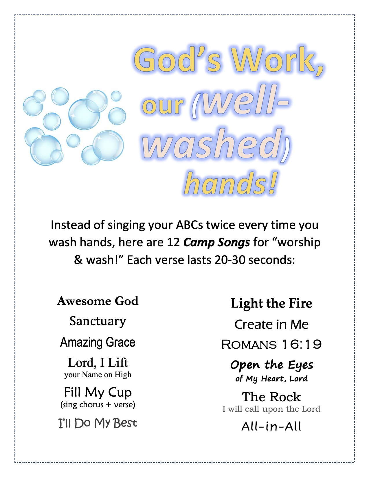 Camp Kuriakos From Our Friends At Lutheran Outdoor Ministries In The States Here S Worship And Wash Instructions Sing Camp Songs While You Wash Your Hands Also Reflected In Today S Google