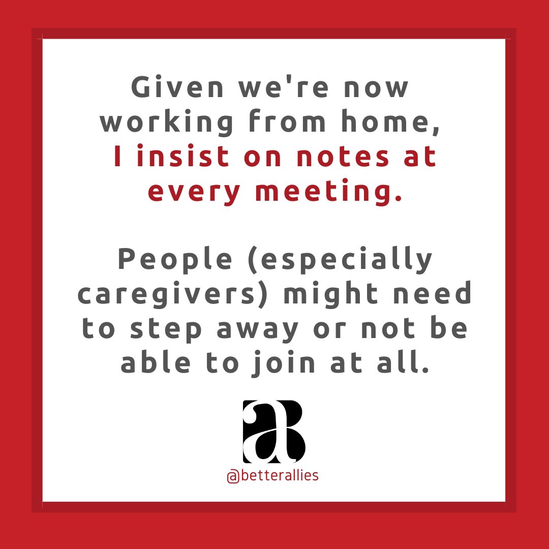 BetterAllies's tweet photo. #WFH distractions happen, esp for caregivers. To support coworkers who need to step away or can’t join at all, I insist on notes at every meeting.
Also, unless note-taking is someone’s job, I make sure this #OfficeHousework” is a rotating responsibility. Everyone takes a turn. https://t.co/hmK2rHa6bp