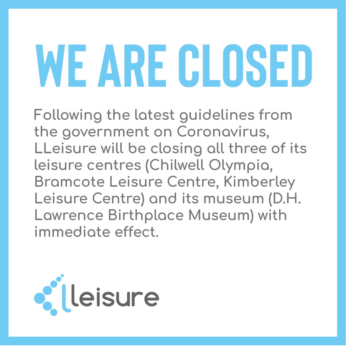 Following the latest guidelines from the government on Coronavirus, LLeisure will be closing all three of its leisure centres and its museum with immediate effect.

Read the full statement here - ow.ly/di7s50yRoWJ