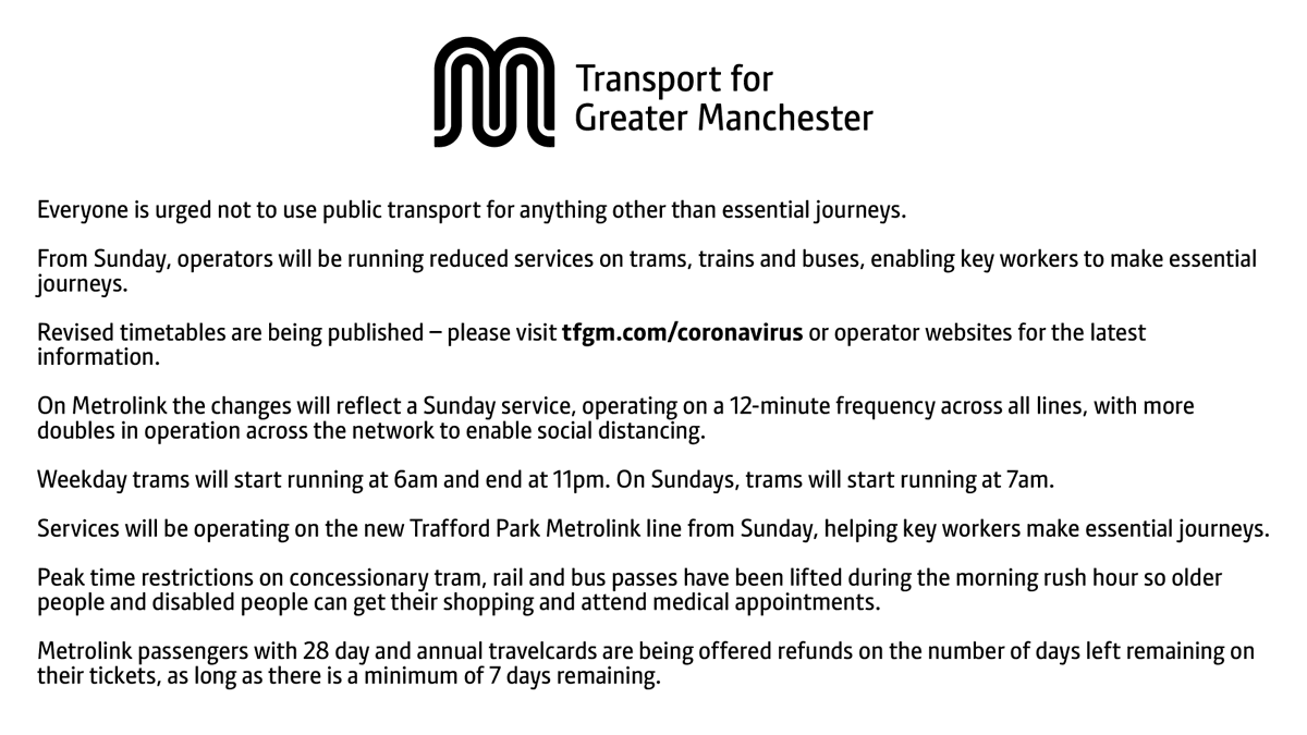 BeeNetwork's tweet photo. Important update on public transport, timetables and coronavirus in Greater Manchester. 

Please continue to check https://t.co/KxgCLsEkgP for all the latest information. https://t.co/oPXZRy3xHD