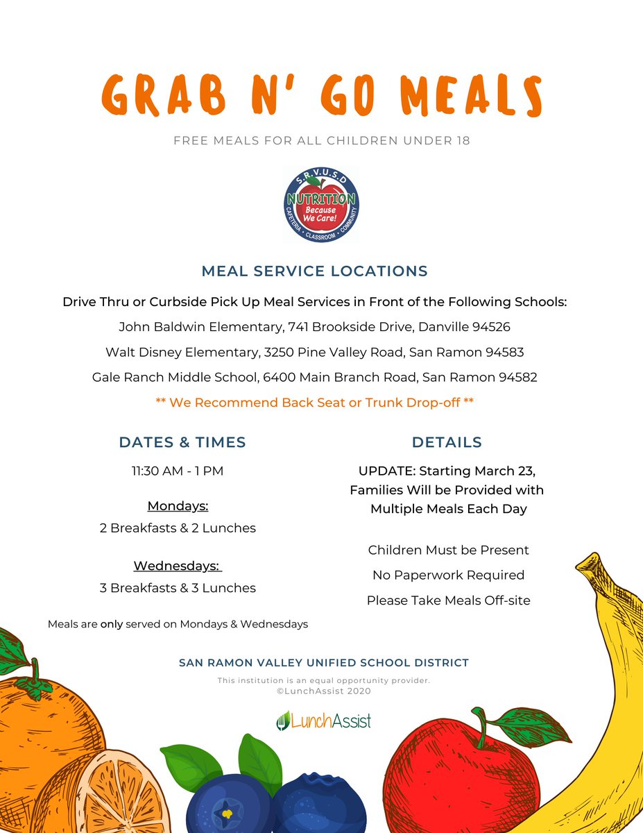 👉🏿Please retweet
Reminder: changes to🥗Grab n Go Meal Service🥪 for <a href="/SRVUSD1/">SRVUSD</a> students begin on Mon. 3/23. 
Meal distribution 11:30am -1pm
Mon (2 days worth of meals)  
Wed (3 days worth of meals) 
John Baldwin, Walt Disney &amp; Gale Ranch. 
Student must be present.