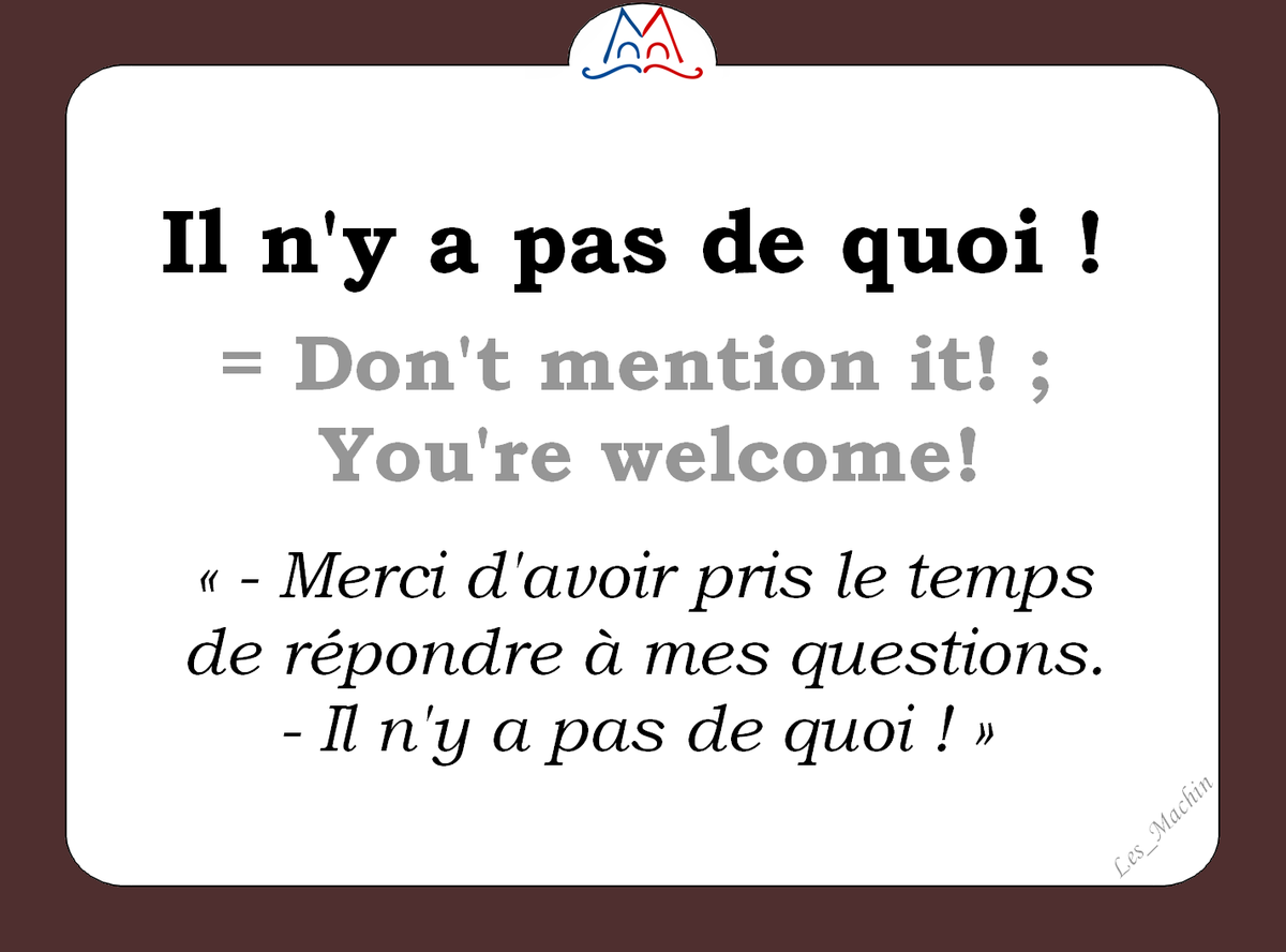 Les_Machin's tweet photo. Voici la phrase du jour :  
« Il n'y a pas de quoi ! » 
[il nija pa də kwa] 
Souvent prononcée [japadkwa]
#learnfrench #french #fle 
#ClasseFLE #LesMachin 
#SLFF20 #Francophonie https://t.co/A7F40P3q20
