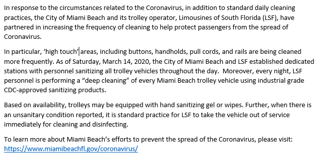 GoCITT's tweet photo. At @GoCITT, we want to share what our municipal partners are doing to prevent the spread of the #Coronavirus. For example, @MiamiBeachNews has increased its cleaning frequency to protect passengers from the spread of #COVID19 . #InThisTogether #MBTrolley https://t.co/FEbbtB4dAr