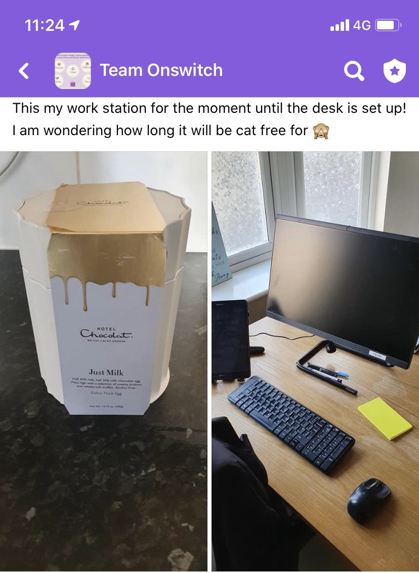 OnswitchLtd's tweet image. We end the week with #TeamOnswitch remote working here’s a few of them at morning chat 
Workstations at home with helpful cats and team Easter Eggs 
Plenty of jobs done and work completed 
Social chats at 10.30 and 3.30 to maintain social connection so far so good #OneVetTeam