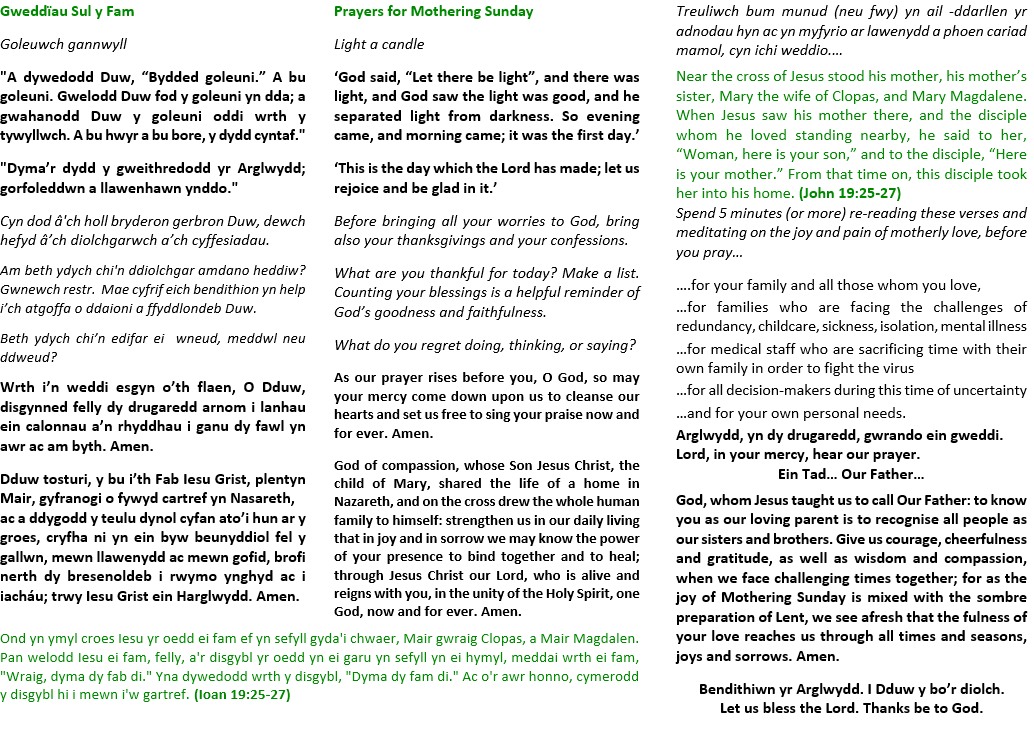 A prayerful newsletter to help you to pray with us from home this weekend. Please share it, with love from the churches in Bro Cyfeiliog a Mawddwy 
#SulyFam #MotheringSunday #PrayTogether <a href="/EsgobaethBangor/">Esgobaeth Bangor | The Diocese of Bangor</a>