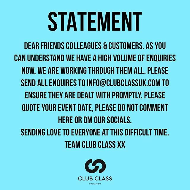 Sending love to everyone at this very difficult and fast changing time. Please ONLY email for enquiries info@clubclassuk.com &amp; our team will be in touch as soon as we can! Thank you for your patience - the party will go on, it’s just a case of when 💙 ift.tt/33AZSxo