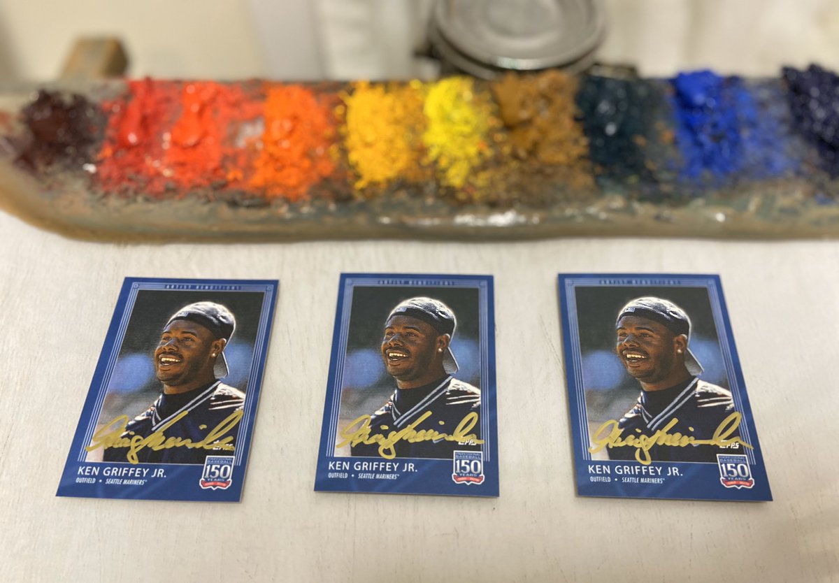 Follow me and retweet this before 9:00 PM EDT on Wednesday, March 25th and I'll pick three random winners. Each will receive a Ken Griffey Jr <a href="/Topps/">Topps</a> card signed by the guy who painted it (me)!