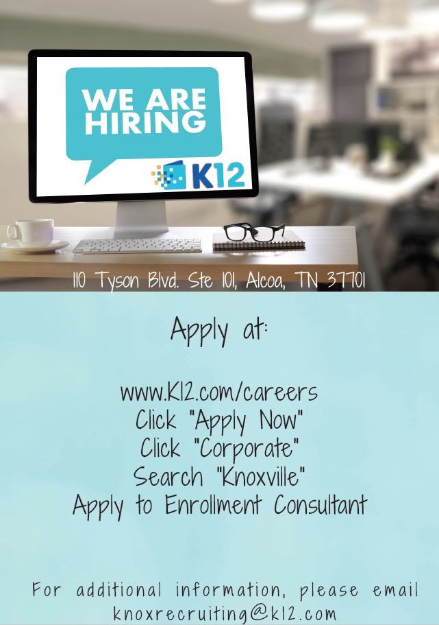 K12Knox's tweet photo. We are hiring! Due to the covid-19 pandemic, this job will be temporarily remote. @K12Careers https://t.co/jvQg3yF9iV