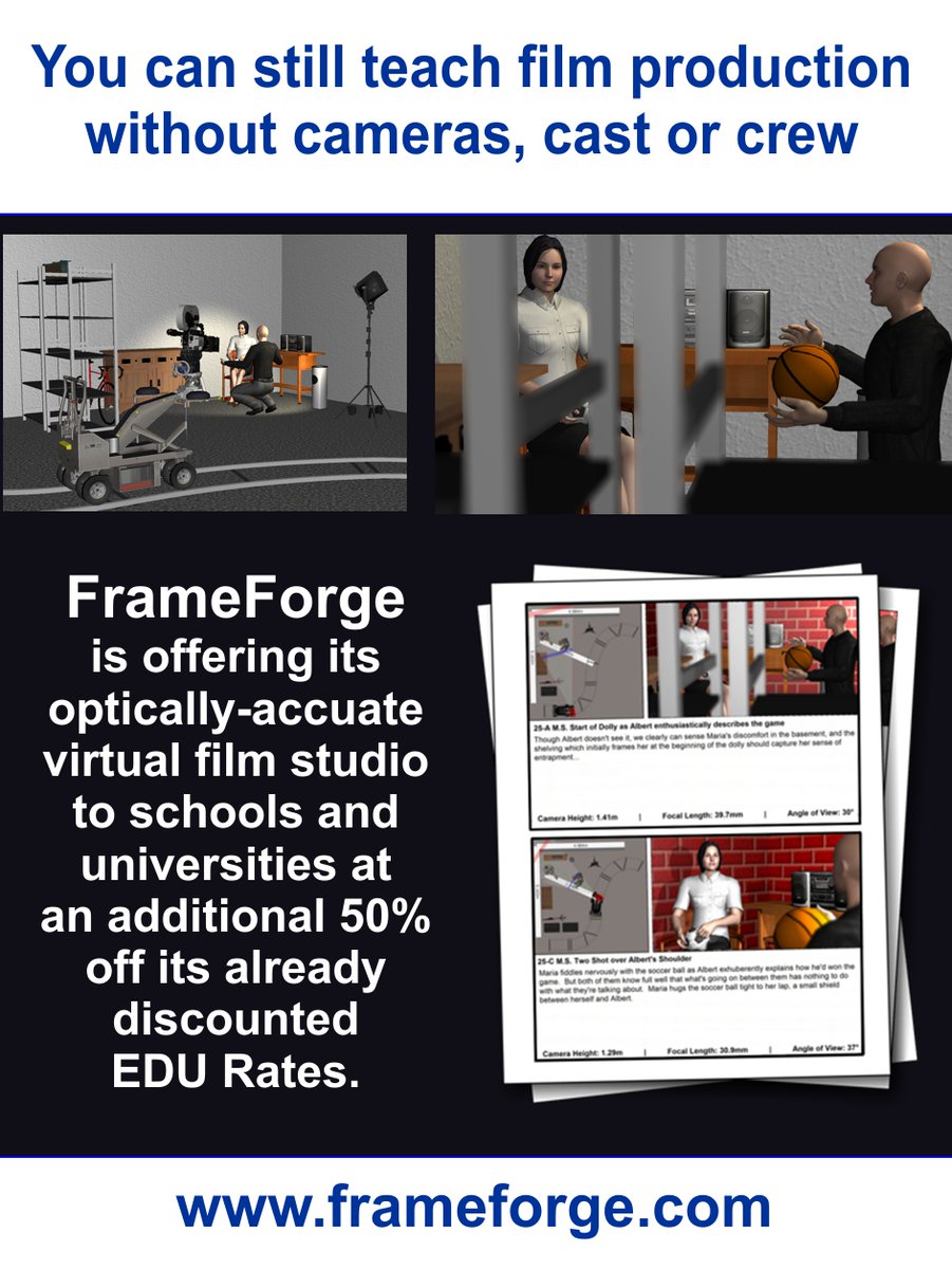 FrameForge's tweet image. RE: Remote Teaching of Film Production during Covid19 Crisis - FrameForge's Optically Accurate Virtual film studio lets you teach film production remotely during this unprecedented time.  Special limited time 50% discount for all schools and universities. bit.ly/ff-covid19