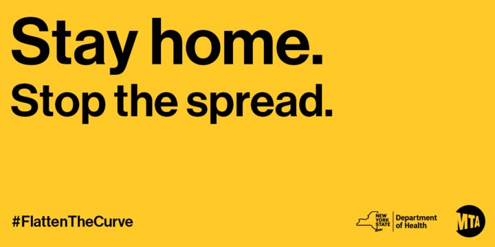 NYCTSubway's tweet photo. Good evening everyone.  
📢STAY HOME. 

Subways and buses are running this weekend.  
📢FOR ESSENTIAL WORKERS. 
 
Do your part to protect them. Stay home. Stop the spread. 
📢#FLATTENTHECURVE  

Sorry for shouting, but it’s New York; *some* old habits die hard. https://t.co/bhHo4eNupy
