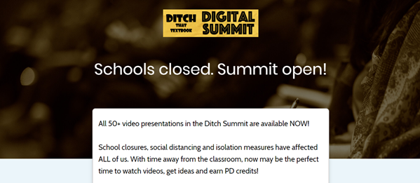jmattmiller's tweet image. LOTS of great, FREE online PD events right now:

#DitchSummit and #HiveSummit have dozens of fantastic video presentations you can watch right now. Plus free PD credit certificates!

DitchSummit.com

HiveSummit.org