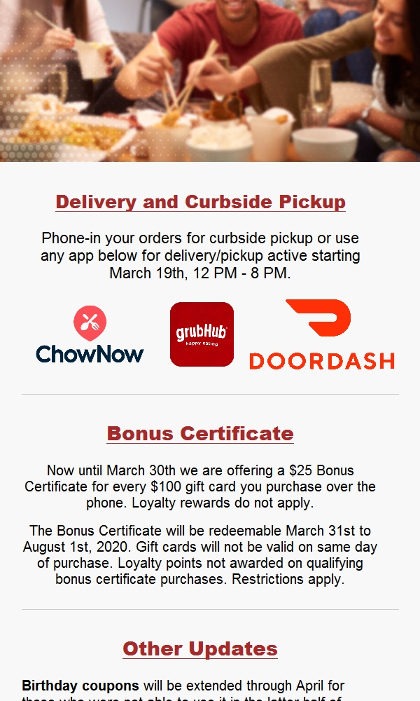 Bob Chinns CrabHouse on X: Delivery/Pickup, Bonus Certificates