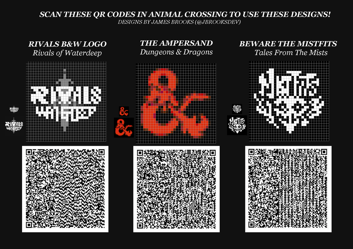 Attention,  @Wizards_DnD fans!These patterns are verified to work in New Horizons! Grab yourself a  @Wizards_DnD Ampersand, a  @RivalsWaterdeep Black and White Pattern, and a  @MistTalesDnD 'Beware the Mistfits' Pattern!