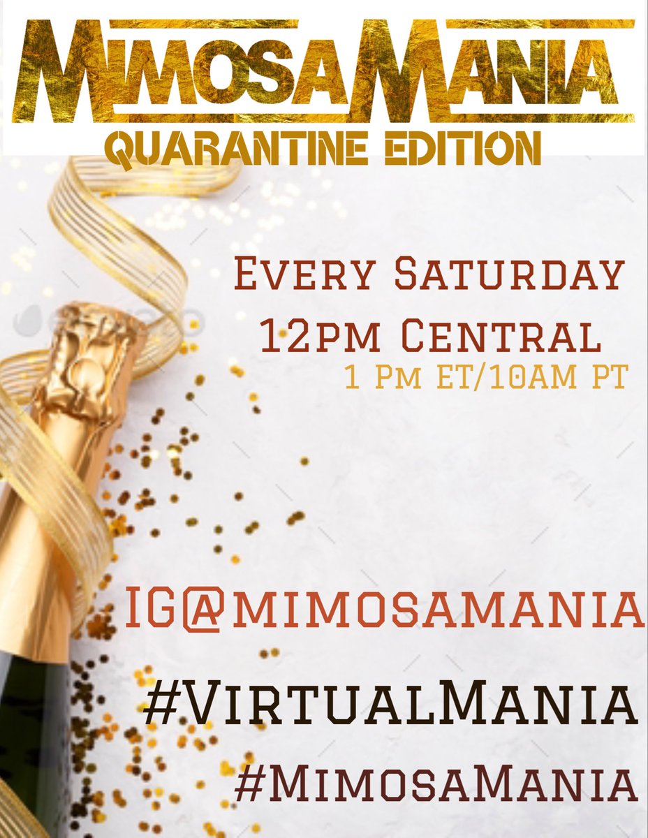 RatchetNerd_'s tweet photo. It’s quarantine weekend.
WE. NEED. MIMOSAS.
Join @Mimosamania tomorrow at 12p CST for the first ever #VirtualMania series!
We’ll be on IG doing live “how to” mimosa tutorials with you every week! Make sure you use the hashtags #VirtualMania #VirtualMM #MimosaMania 🍾🥂✨ https://t.co/I5juIPKz2K