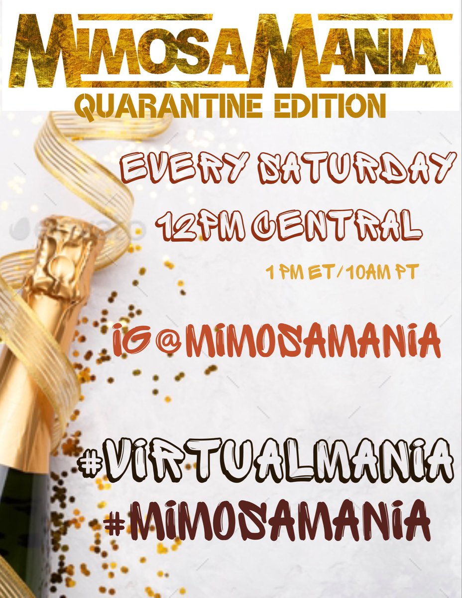 RatchetNerd_'s tweet photo. It’s quarantine weekend.
WE. NEED. MIMOSAS.
Join @Mimosamania tomorrow at 12p CST for the first ever #VirtualMania series!
We’ll be on IG doing live “how to” mimosa tutorials with you every week! Make sure you use the hashtags #VirtualMania #VirtualMM #MimosaMania 🍾🥂✨ https://t.co/I5juIPKz2K