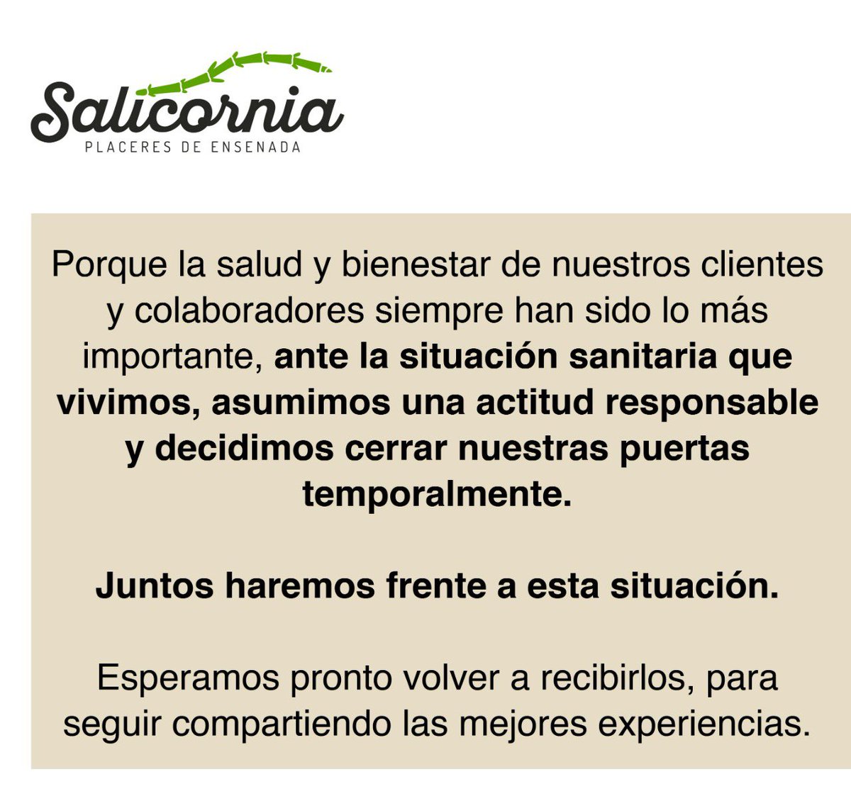 SalicorniaRest's tweet photo. Juntos haremos frente al #COVID19, quedándonos en casa. Esperamos pronto volver a recibirlos y seguir compartiendo las mejores experiencias. https://t.co/fYnvkuJAg0