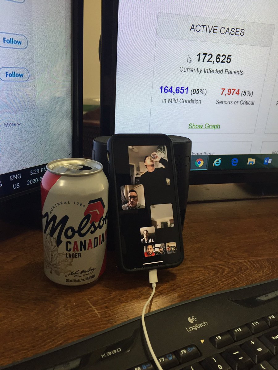 cmccrystal's tweet photo. Friday Happy Hour with the guys looks a little different this week 😑 @RussHardman1 @TTempleton87 @CBbydaway @JonnyAtch @KempNguyen #SocialDistancing 🍻 https://t.co/xDOvNpLyIA