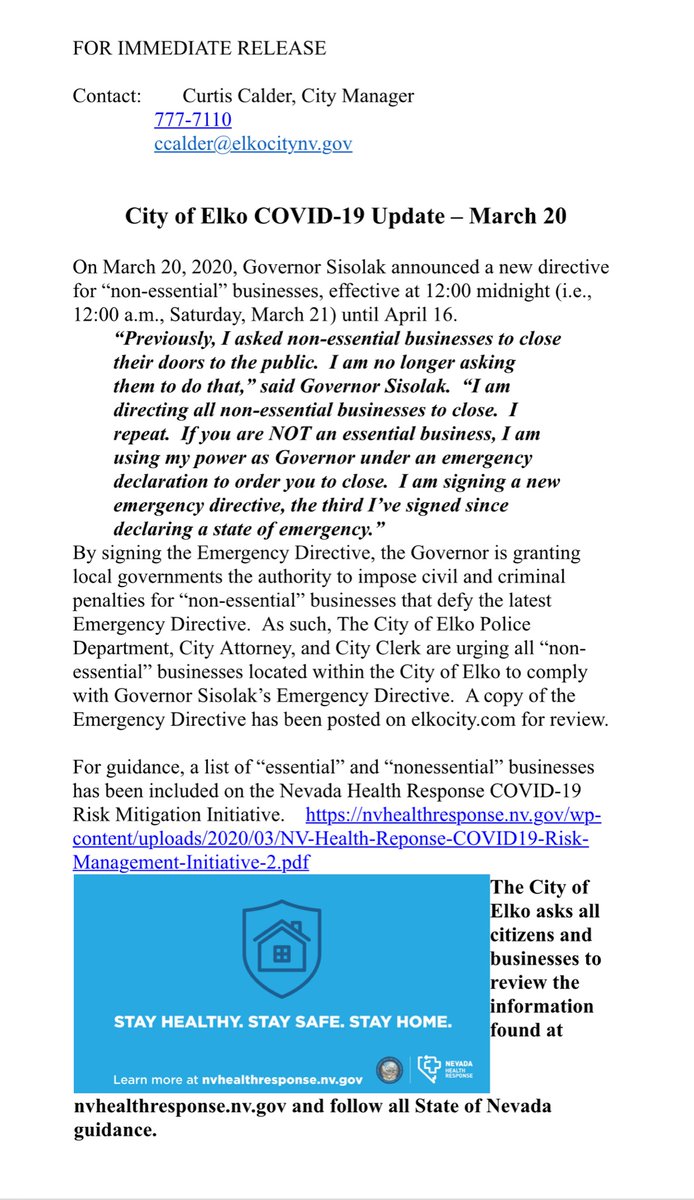 ElkoFire's tweet image. The City of Elko’s most current press release regarding COVID-19