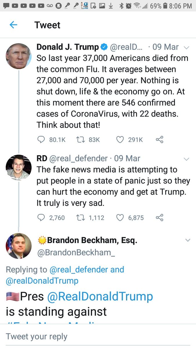 Patriotswin's tweet photo. @BrandonBeckham_ @realDonaldTrump I thought covid 19 was fake news. That's what you said, soulless puppet https://t.co/49iZ1YE3RD
