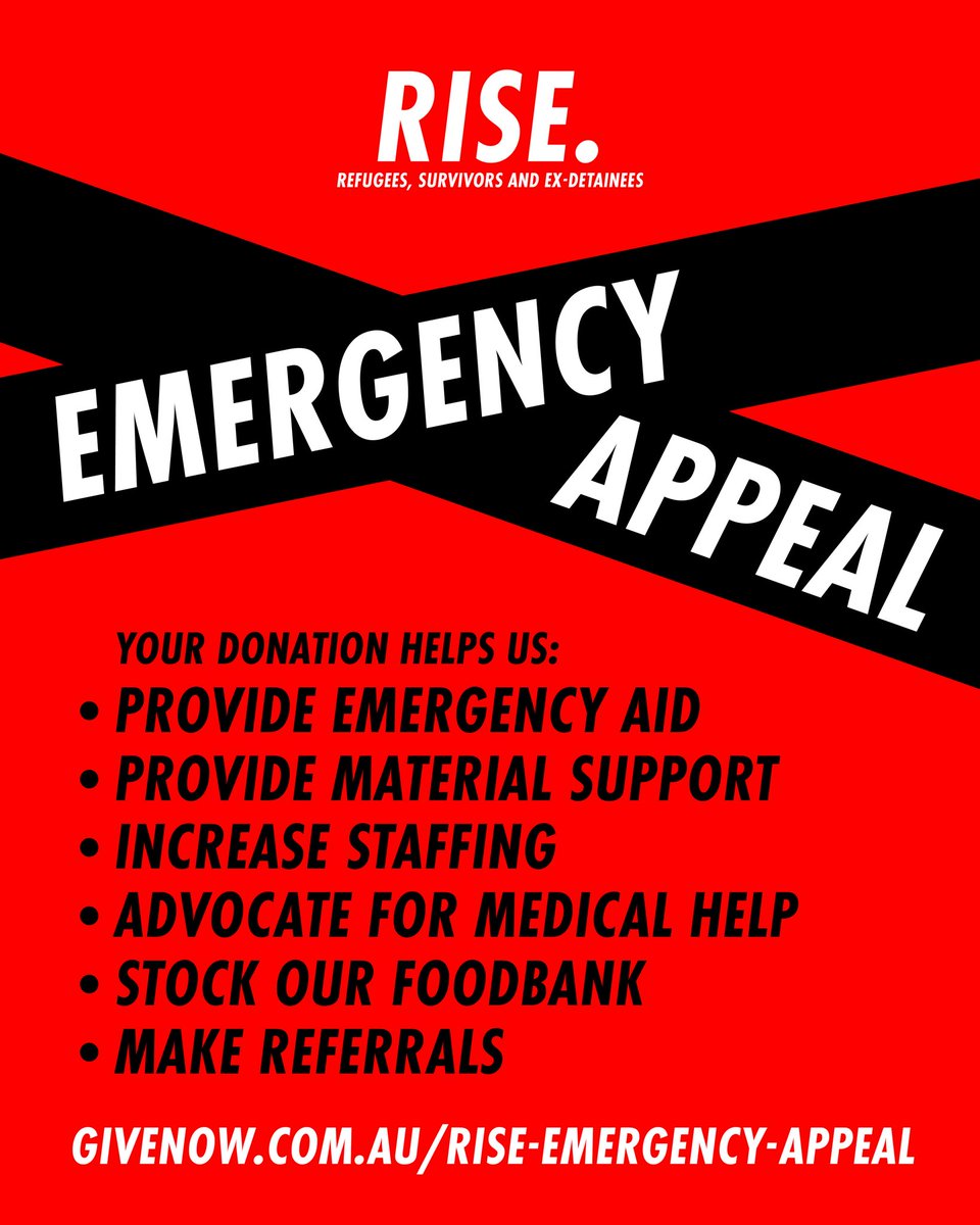 RISE EMERGENCY APPEAL:
INCREASING SUPPORT SERVICES FOR EX-DETAINEES DURING COVID19

Your donation will help us to

Provide emergency aid
Provide material support
Increase staffing
Make referrals and advocate for medical help
Stock our foodbank

Donate Now givenow.com.au/rise-emergency…