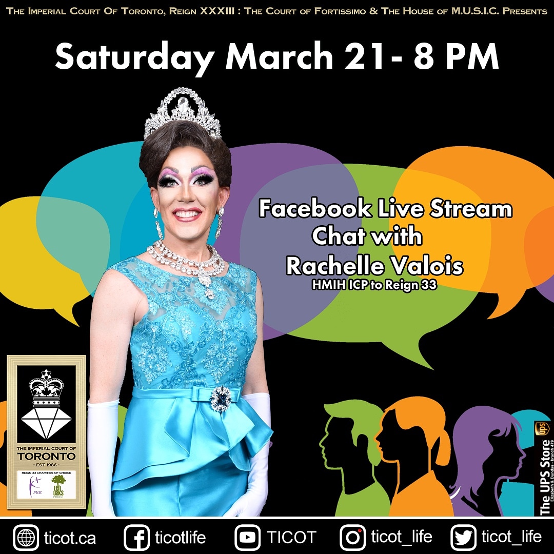 ticot_life's tweet photo. Join us on our Facebook group tomorrow night at 8pm for a live stream with our Imperial Crown Princess 33 Rachelle Valois. Helping our community stay connected! #ticot #ticotlife #theimperialcourtoftoronto #thediamondcourts #toronto #villageloveto #dragqueen #icp #love #lgbt2s+ https://t.co/zEnjCdFU90